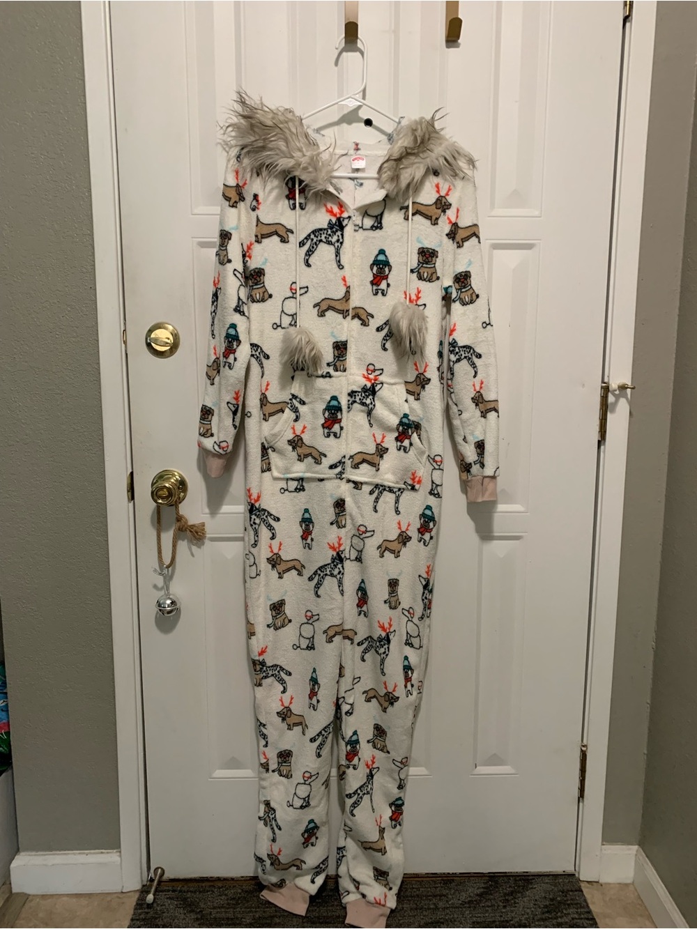 Holiday Time Cream Onesie with Winter Animal Print and Faux Fur Hood